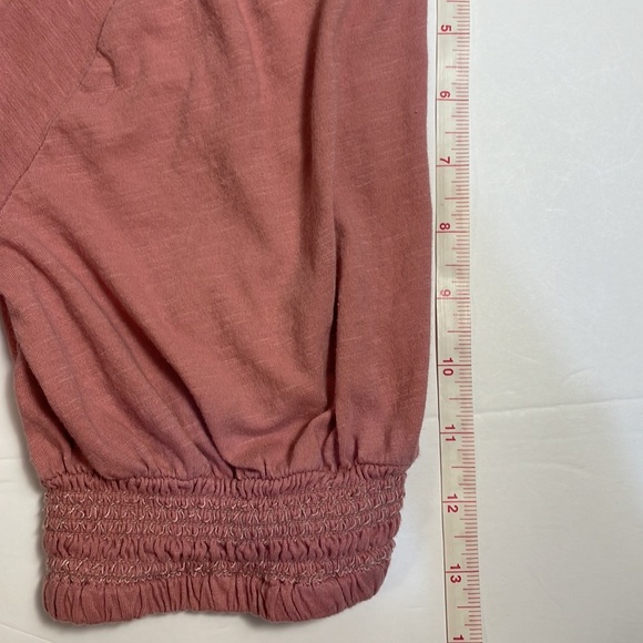 Lucky Brand Boho Smocked Leaf Embroidered Tassels Elbow Sleeves Dusty Pink Top M - Picture 9 of 13